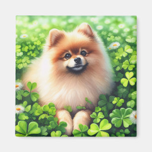 Watercolor Pommanian Grönt Shamrock Fält Magnet