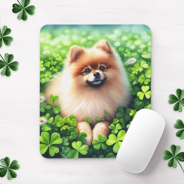 Watercolor Pommanian Grönt Shamrock Fält Musmatta (Skapare uppladdad)