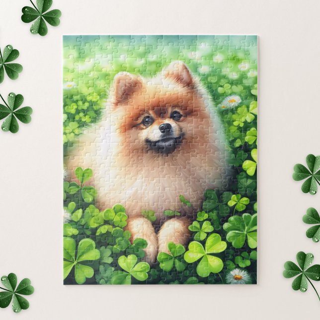Watercolor Pommanian Grönt Shamrock Fält Pussel (Skapare uppladdad)