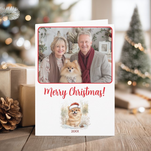 Watercolor Pommern Illustration God jul Kort (Watercolor Pomeranian Illustration Merry Christmas Card)