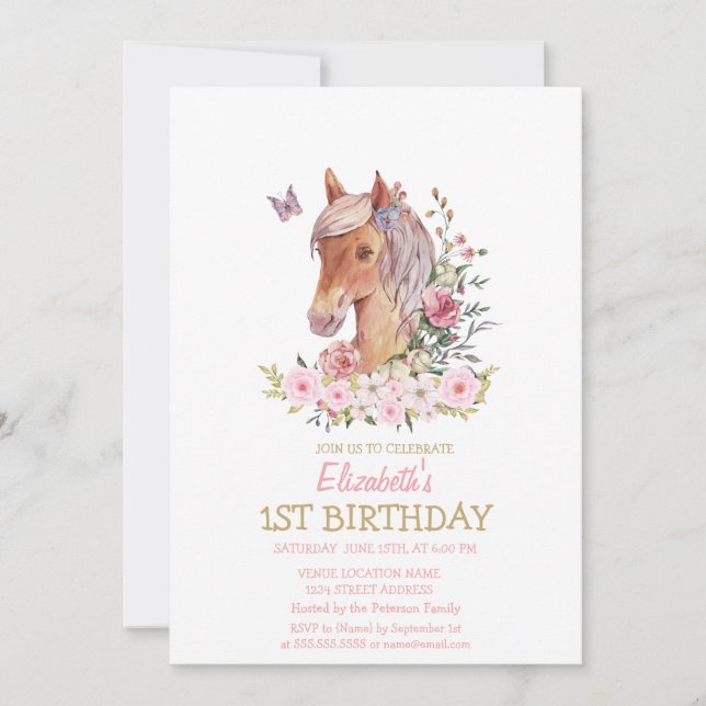 Watercolor Pony Blommigt Stripe Birthday Inbjudningar (Framsida)