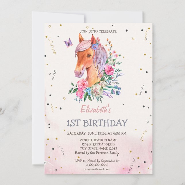 Watercolor Pony Flowers Birthday Inbjudningar (Framsida)
