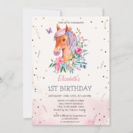 Watercolor Pony Flowers Birthday Inbjudningar