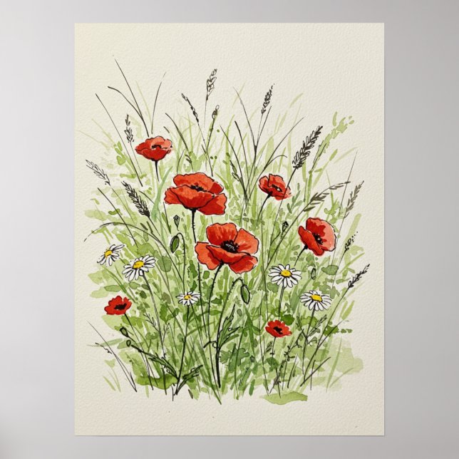 Watercolor Poppies & Daisies Print Art Poster (Framsidan)