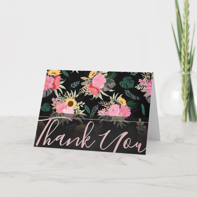 Watercolor Poppy & Sunblommor Blommigt Black Desig Helgkort (Framsida)