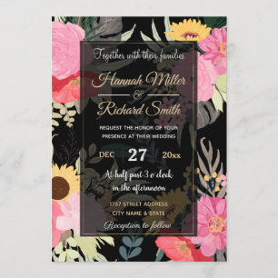Watercolor Poppy & Sunwers Blommigt Black Design Inbjudningar