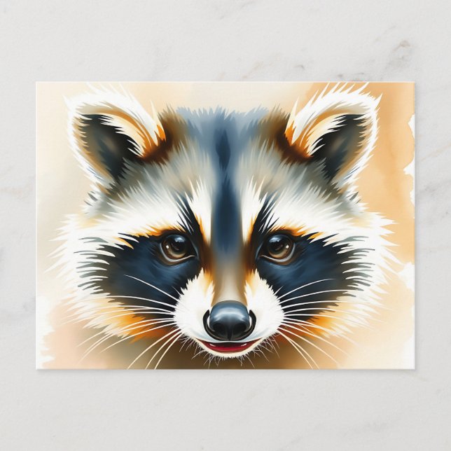 Watercolor Porträtt i Raccoon Ansikte Vykort (Framsida)