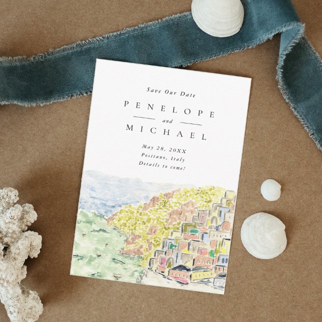 Watercolor Positano Italien Destination Wedding Spara Datumet (Skapare uppladdad)