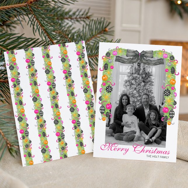 Watercolor Preppy Bright Christmas Garland Photo Julkort (Skapare uppladdad)