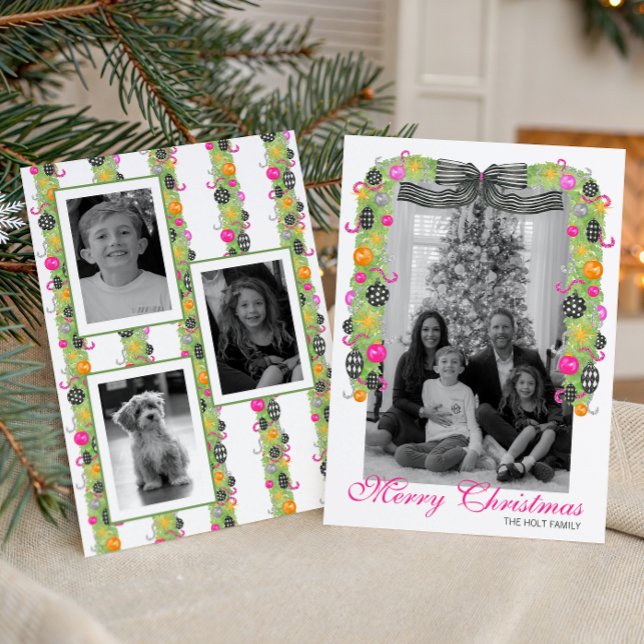 Watercolor Preppy Bright Christmas Garland Photo Julkort (Skapare uppladdad)