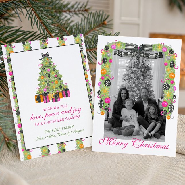 Watercolor Preppy Bright Christmas Garland Photo Julkort (Skapare uppladdad)