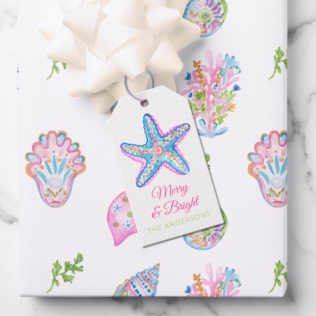 Watercolor Preppy Coastal Merry & Bright Presentetikett (Skapare uppladdad)