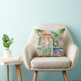 Watercolor Preppy Handflatan Beach Girl vid Bassän Kudde