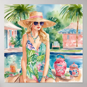 Watercolor Preppy Handflatan Beach Girl vid Bassän Poster