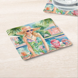 Watercolor Preppy Handflatan Beach Girl vid Bassän Underlägg Papper Kvadrat