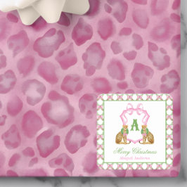 Watercolor Preppy Leopard Christmas Monogram Crest Fyrkantigt Klistermärke