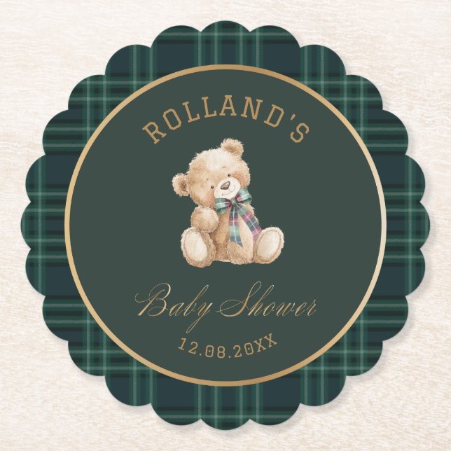  Watercolor preppy plaid teddy bear baby shower Underlägg Papper (Framsida)
