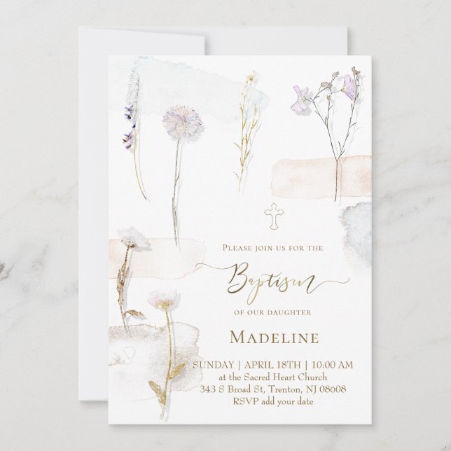 watercolor pressed flowers Baptism Inbjudningar (Framsida)