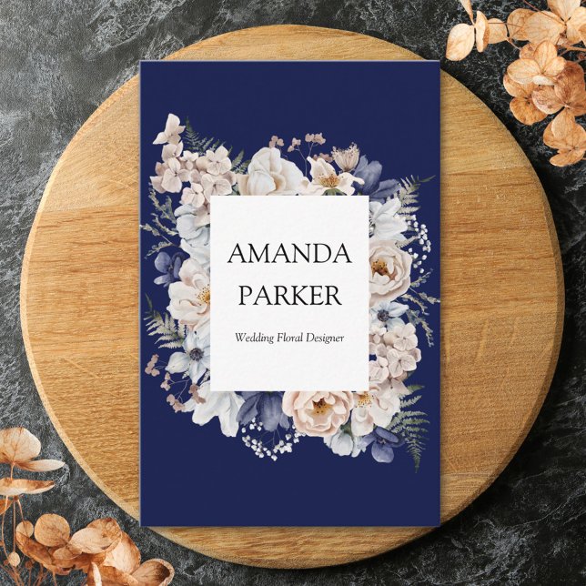 Watercolor Pretty Beige Blue Flowers Floral Visitkort (Close up)