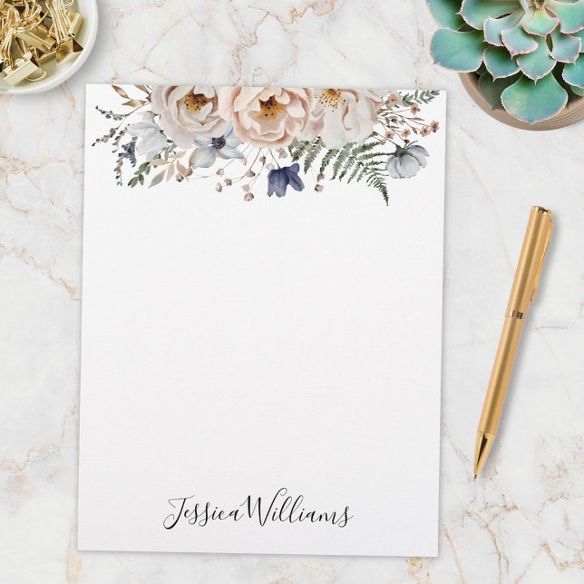 Watercolor Pretty Beige Blue Personalized Floral Brevhuvud (In situ)