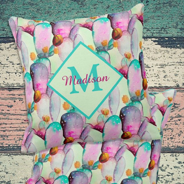 Watercolor Prickly Pear Cactus Flowers Monogram Kudde (Skapare uppladdad)