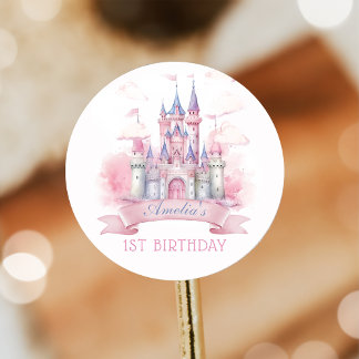 Watercolor Princess Castle Birthday Sticker Runt Klistermärke