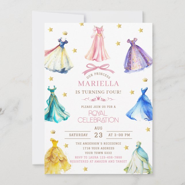 Watercolor Princess  Dress Birthday Royal birthday Inbjudningar (Framsida)
