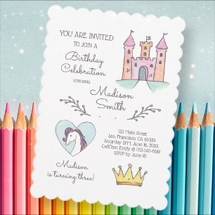 Watercolor Princess Unicorn Birthday bjudande Inbjudningar