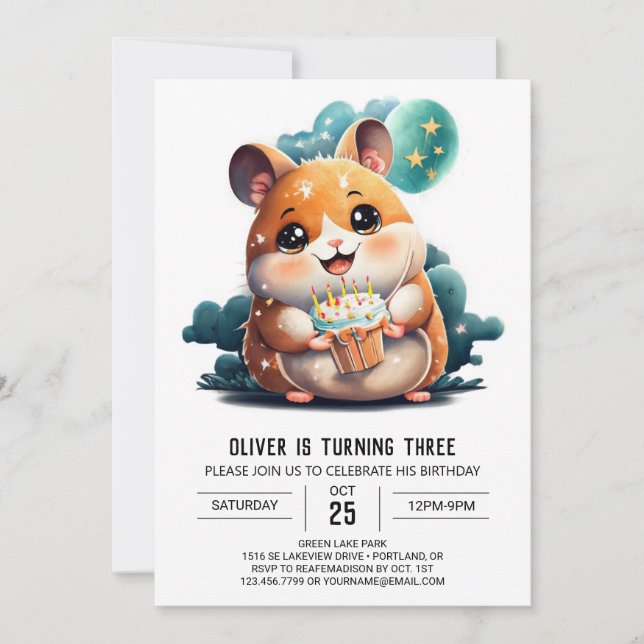 Watercolor Printable Hamster Birthday Inbjudningar (Framsida)