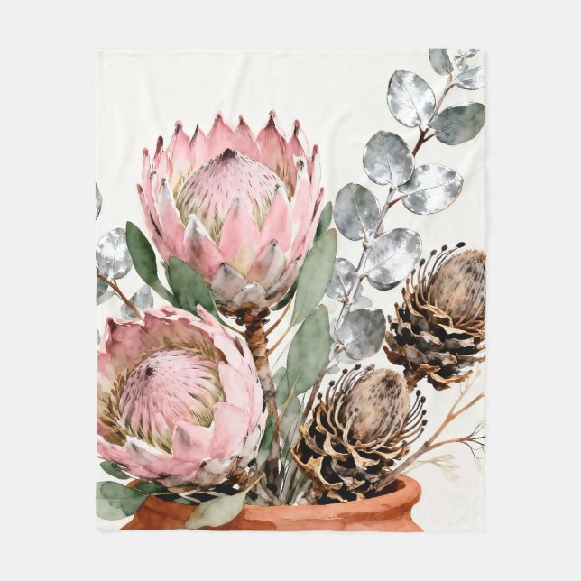 Watercolor Protea Eucalyptus Arrangement Fleecefilt (Framsidan)