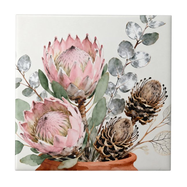 Watercolor Protea Eucalyptus Arrangement Kakelplatta (Framsidan)