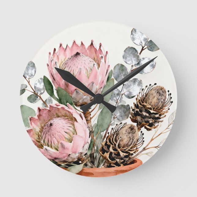 Watercolor Protea Eucalyptus Arrangement Rund Klocka (Framsida)