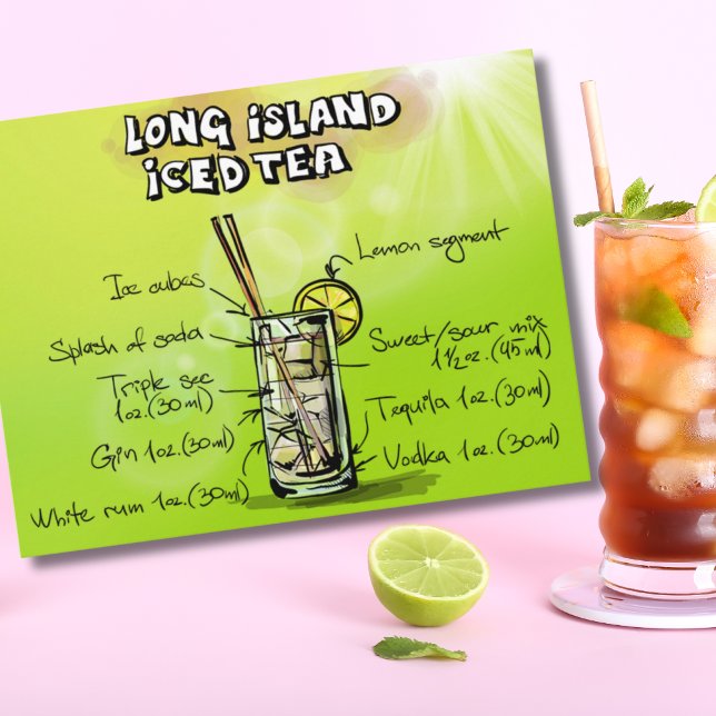 Watercolor Pub Cocktail Recipe Vykort (Long Island Iced Tea Recipe Cocktail Postcard)