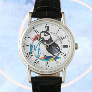 Watercolor Puffin Bird + Monogram Wildlife Animals Armbandsur