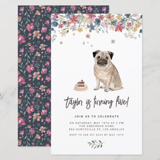 Watercolor Pug Hund Födelsedagsfest inbjudan (Fram/baksida)