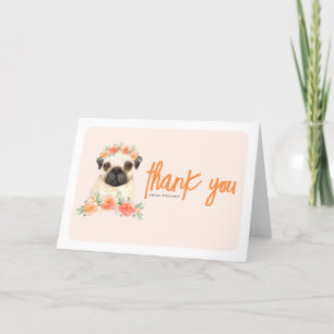 Watercolor Pug och Peach Flowers Hund Birthday Tack Kort