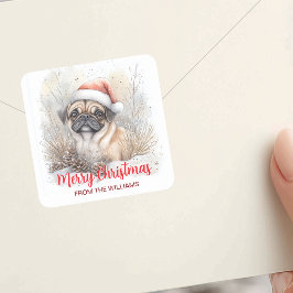 Watercolor Pug Santa Hat God jul Helgdag Fyrkantigt Klistermärke