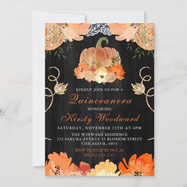 Watercolor Pumpkin Autumnal Flowers Quinceanera Inbjudningar (Framsida)