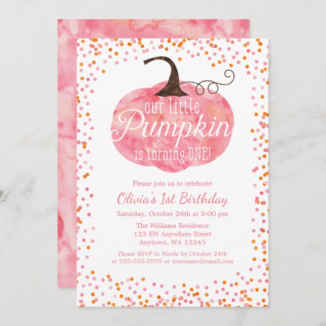 Watercolor Pumpkin Confetti Girl First Birthday Inbjudningar (Fram/baksida)