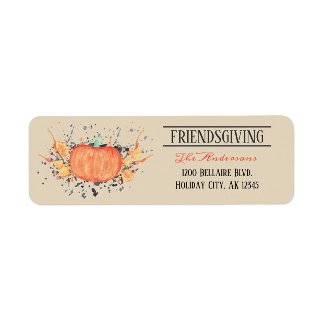 Watercolor Pumpkin Friendsgiving Returadress Etikett (Framsidan)