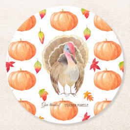 Watercolor Pumpkin Turkey Mönster Thanksgiving Underlägg Papper Rund