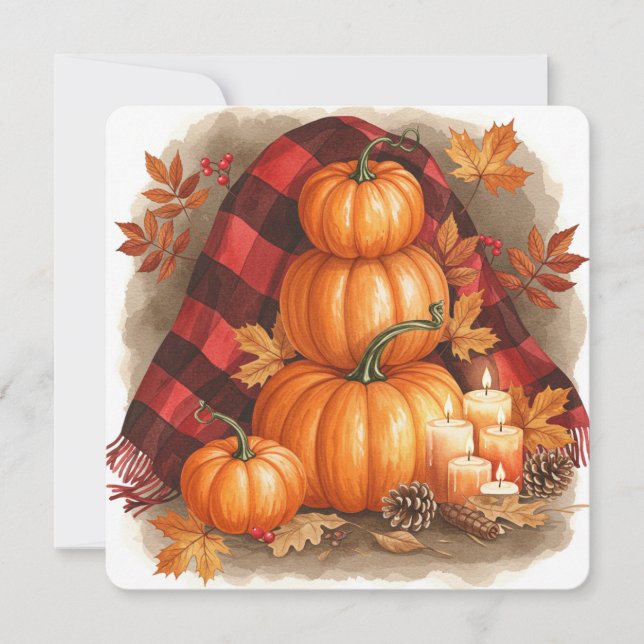 Watercolor pumpkins, plaid and candles kort (Framsida)