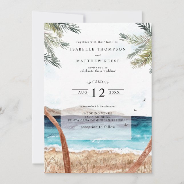 Watercolor Punta Cana Tropical Beach Wedding Inbjudningar (Framsida)