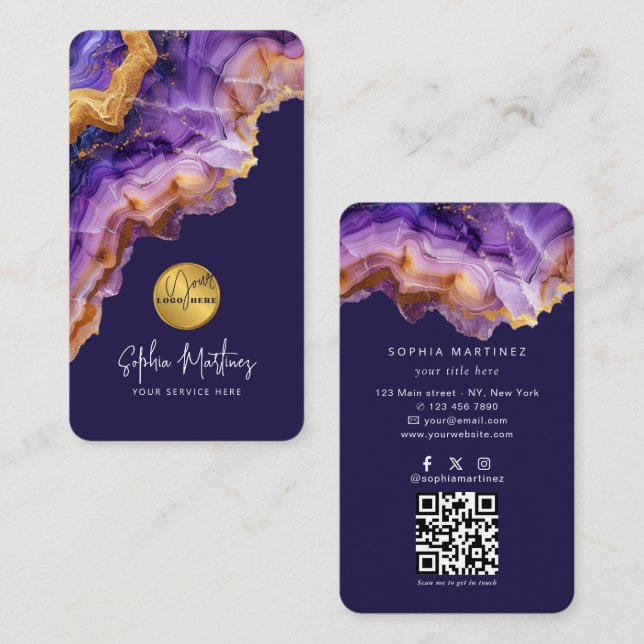 Watercolor Purple Agate gold glitter & QRCode Logo Visitkort (Fram/baksida)