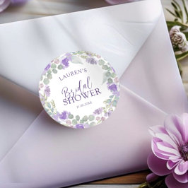 Watercolor Purple Floral Bridal Shower Runt Klistermärke