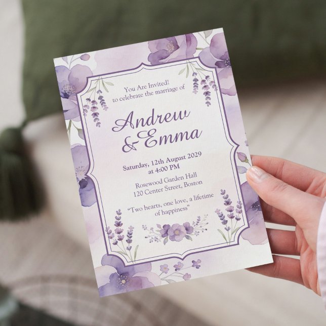 Watercolor Purple Floral Wedding Invitation Inbjudningar (Skapare uppladdad)