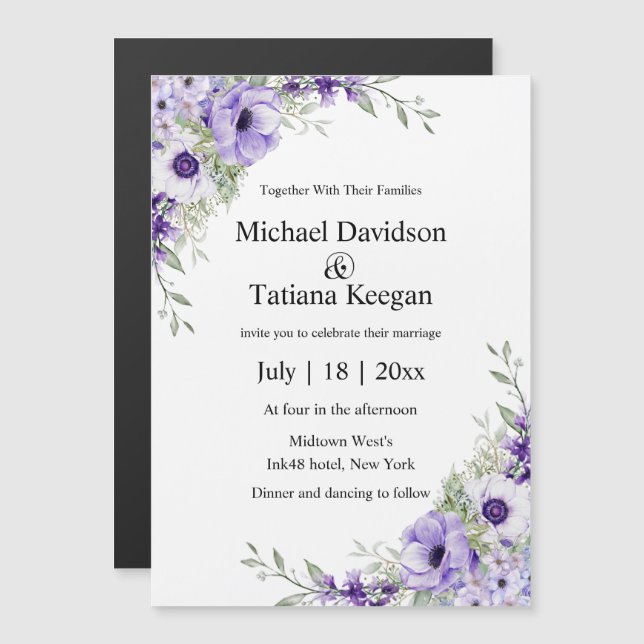 watercolor purple floral wedding invitation magnet (Fram/baksida)