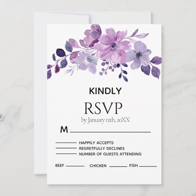 Watercolor purple flower bouquet RSVP card (Framsida)