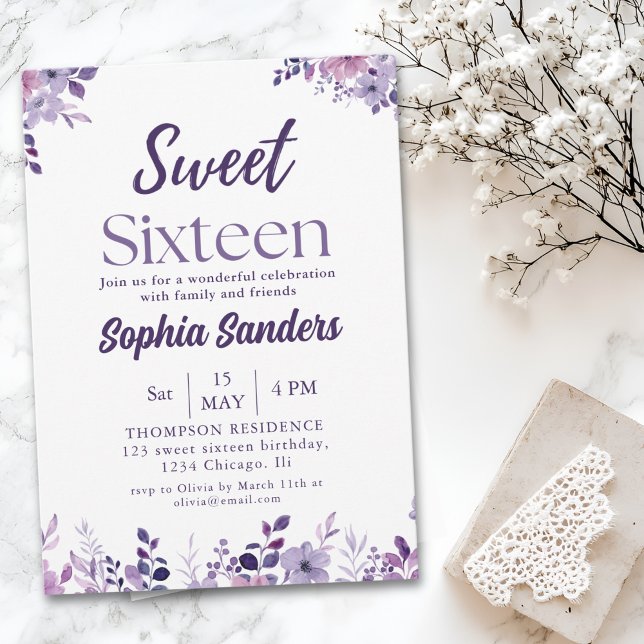 Watercolor Purple Flowers Sweet Sixteen Inbjudningar (Skapare uppladdad)
