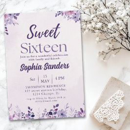 Watercolor Purple Flowers Sweet Sixteen Inbjudningar